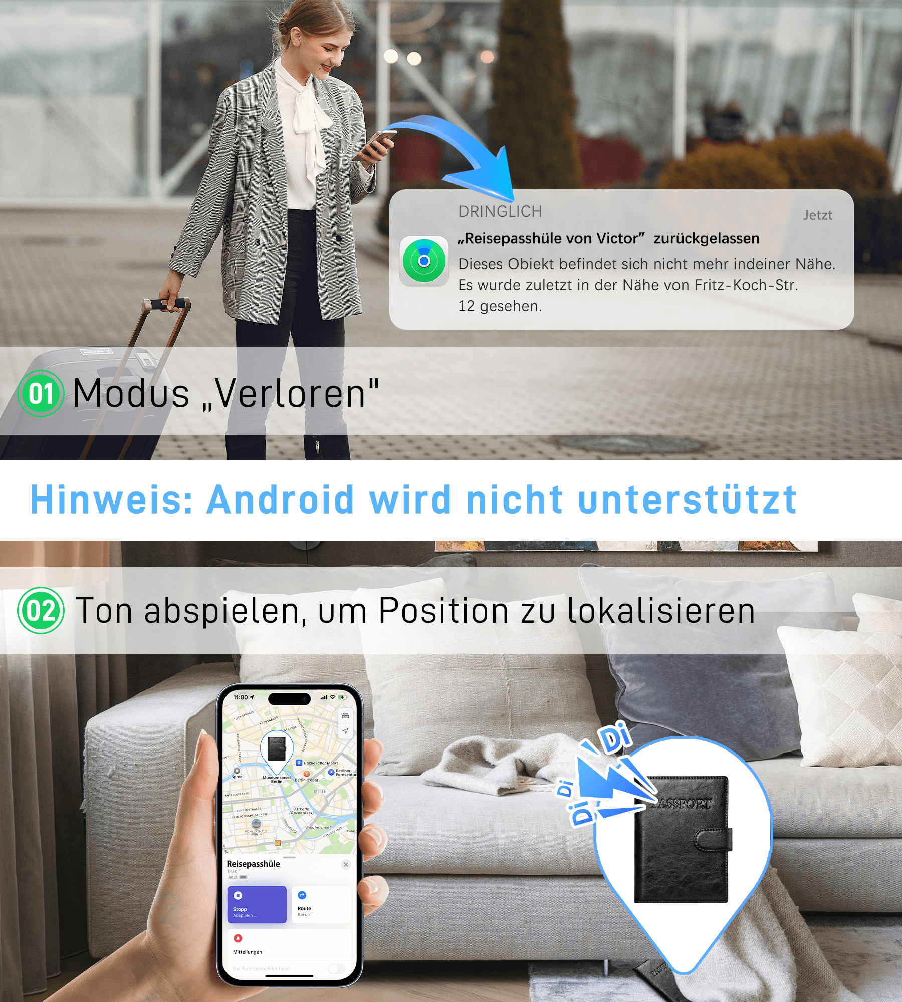 Findwallet™ Reisepasshalter mit Smart Tracker (Schwarz)