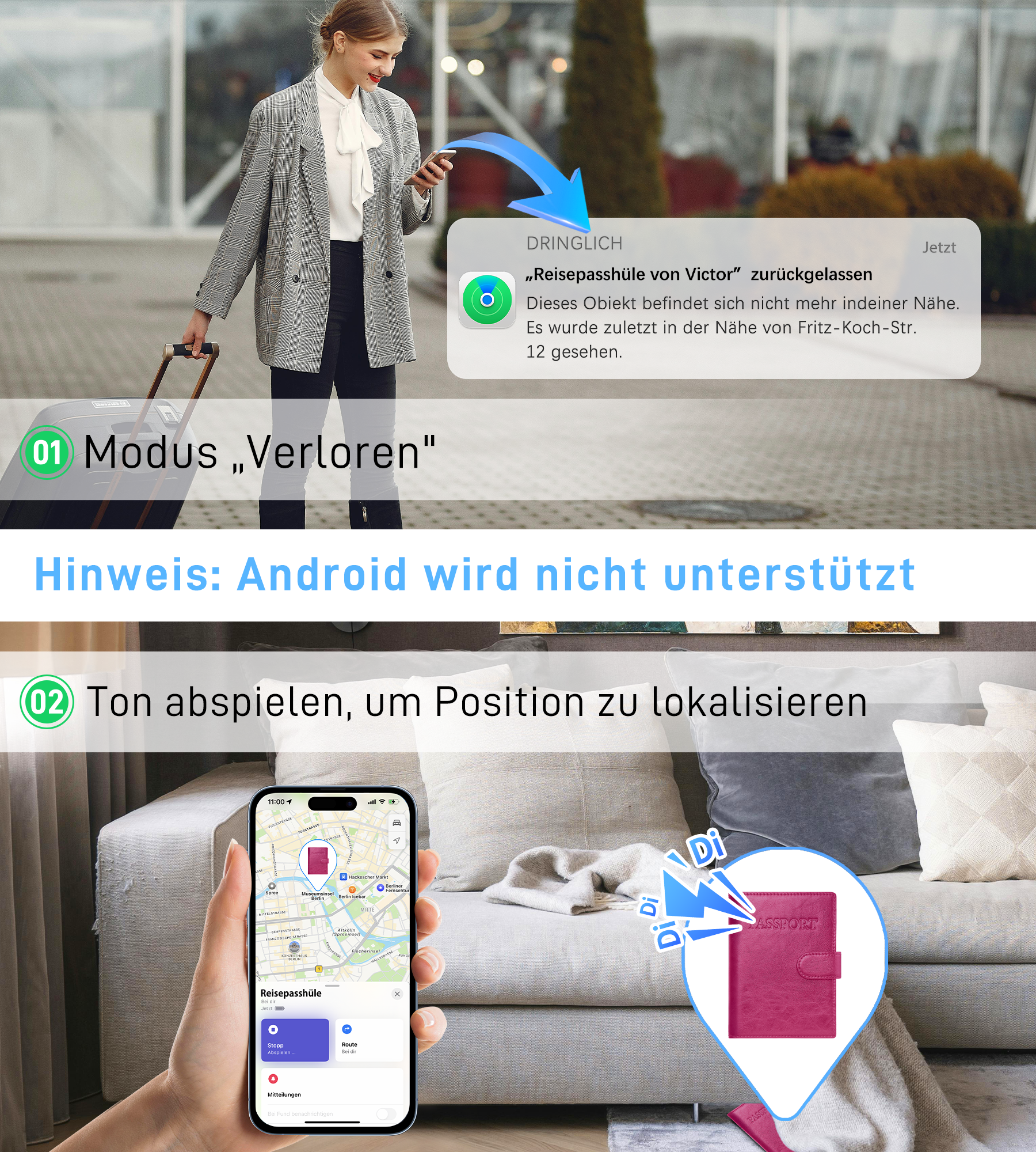 Findwallet™ Reisepasshalter mit Smart Tracker (Rosa)