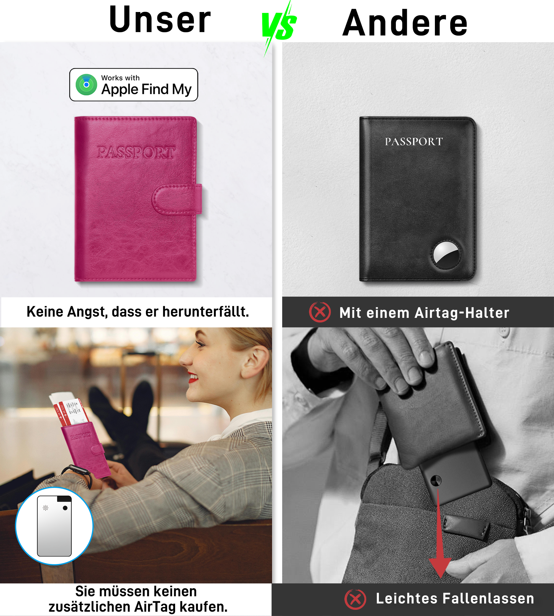 Findwallet™ Reisepasshalter mit Smart Tracker (Rosa)